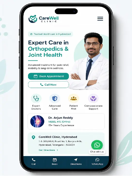 Mobile-friendly clinic website homepage for a Hyderabad doctor showing specialty headline, book appointment button, WhatsApp chat icon, and clinic address clearly above the fold on a smartphone screen