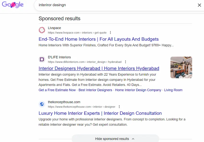 Google Search Ads appearing at the top of search results for digital marketing agency India showing sponsored placements