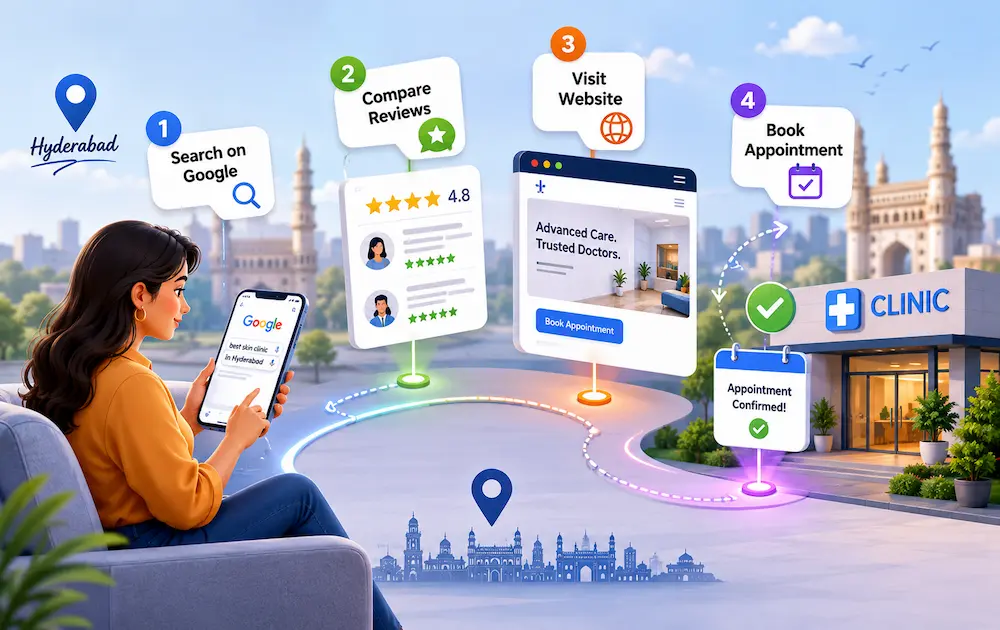 Infographic showing how a patient in Hyderabad searches Google for a clinic, compares reviews, visits the website, and books an appointment — the full digital patient journey