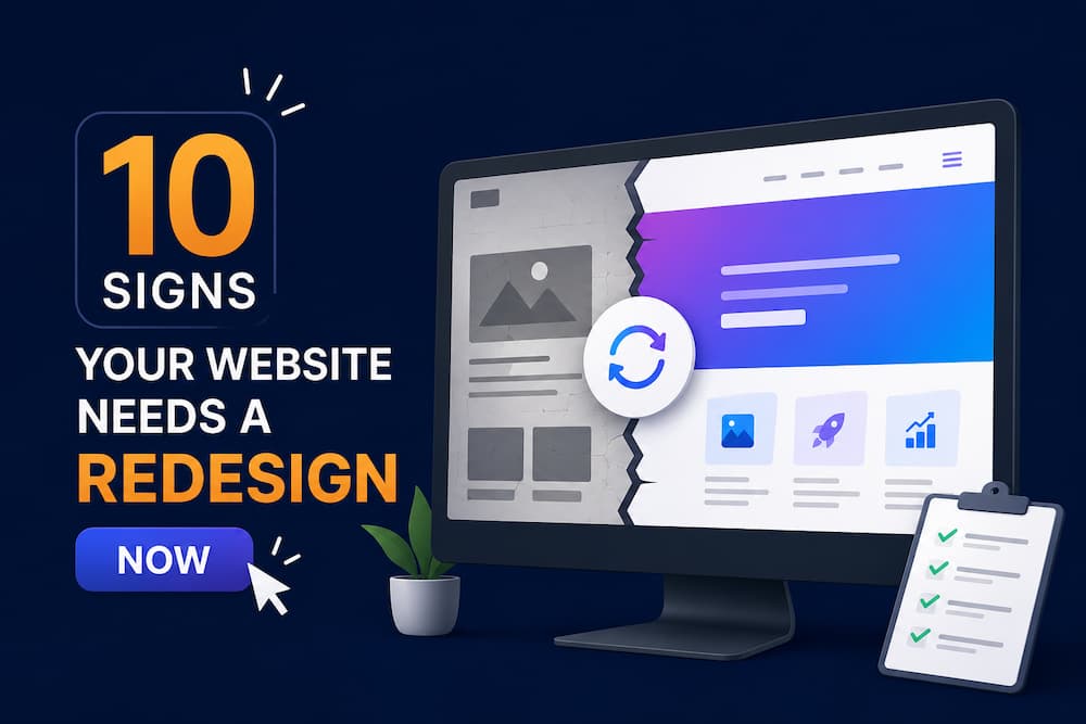 Website redesign concept illustration showing outdated and modern website comparison for business website improvement