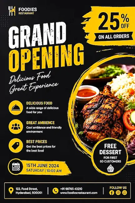 Restaurant grand opening promotional poster created for graphic designing services and social media marketing campaigns